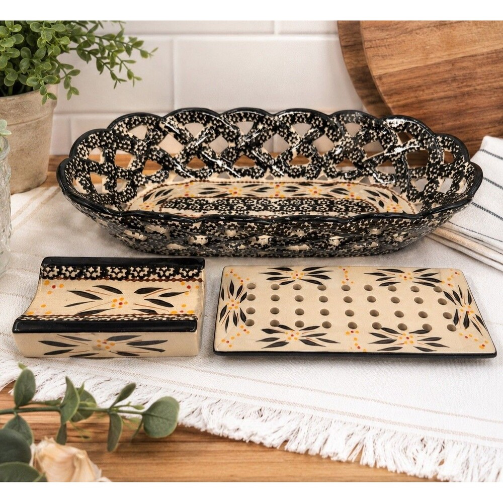 Temp-tations by Tara Old World 3 Pc Bread Basket, Rolling Pin Holder & Drip Tray